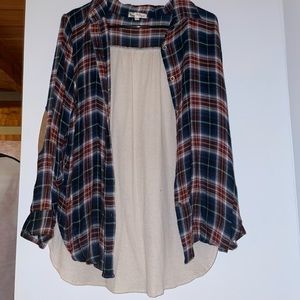 Plaid button up with knit back and padded elbow